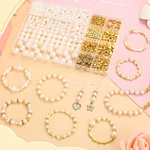Miniatura 4 de Audab Cuentas de perlas para hacer pulseras, 970 cuentas espaciadoras de perlas y doradas para hacer joyas