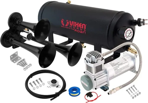 Kit de bocina de tren Vixen Horns para camiones/coche/camioneta. Sistema completo a bordo - Compresor de aire de 200 psi, tanque de 1.5 galones, 3