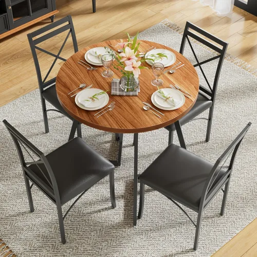 Miniatura 2 de VECELO Mesa de comedor redonda de 35 pulgadas para 4, tapa de mesa de grano de madera y marco de acero resistente, para cocina, sala de estar, fácil