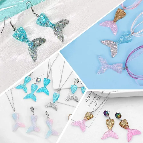 Miniatura 4 de SUNNYCLUE 40 dijes de cola de sirena de resina con parte trasera plana con polvo de purpurina para verano con cola de pez de océano para hacer
