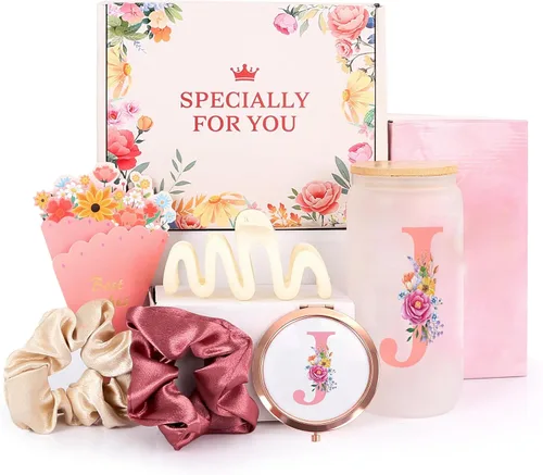 Miniatura 11 de Regalos de cumpleaños para mujeres – Caja de regalo personalizada con inicial con taza de vidrio con monograma, coleteros para el cabello y clip
