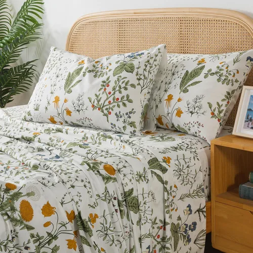 Miniatura 55 de Zusbest Juego de sábanas florales de 100 % algodón percal, color naranja y amarillo, juego de sábanas suaves y transpirables con diseño botánico