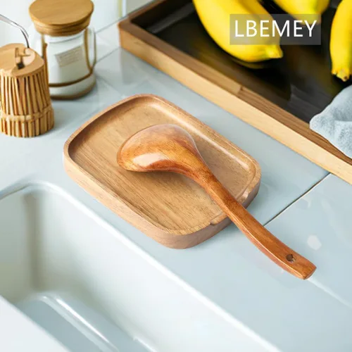 Miniatura 8 de Soporte de cuchara de madera de acacia de 5.9 pulgadas para estufa, soporte rectangular liso para cuchara de madera para encimera de cocina con pies