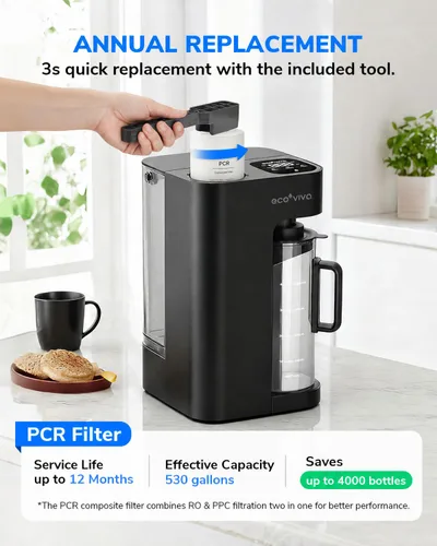 Miniatura 7 de Ecoviva Mate 3 - Filtro de agua de ósmosis inversa para encimera, sin instalación, jarra portátil de llenado automático, 3:1 de puro para drenar