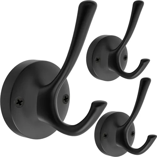 TOFIIGREM Ganchos de pared negros para toallas, paquete de 3 ganchos para abrigos, ganchos para bata, gancho de metal resistente, doble gancho de