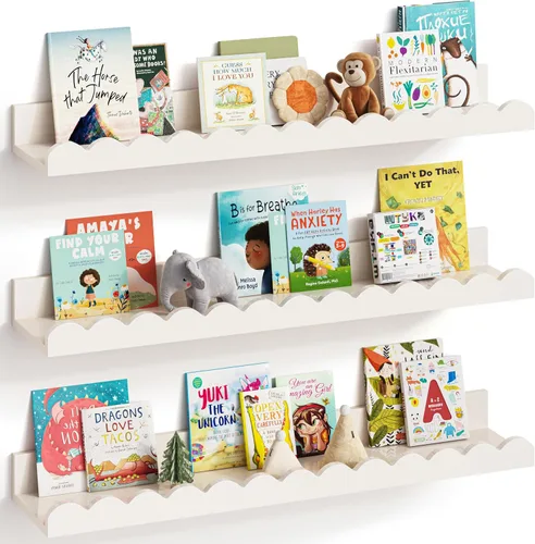 Miniatura 10 de G&W Gruwald Juego de 3 estantes para libros de guardería, decoración de guardería para bebés y niños pequeños, estantes festoneados, estante