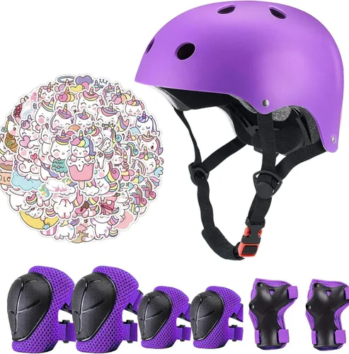 Miniatura 14 de Juego de casco de bicicleta para niños, certificado CPSC con rodilleras, coderas, muñequeras, casco negro ajustable para niñas de 2-3-5-8 años