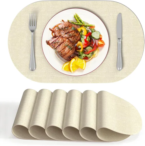 DOLOPL Juego de 6 manteles individuales ovalados de piel sintética, reversibles, impermeables, resistentes al calor y lavables, lavables para mesa