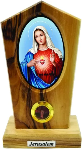 Corazón Inmaculado de la Virgen María, icono católico de pie con imagen a todo color, madera de olivo de tierra santa de Israel, arte religioso de