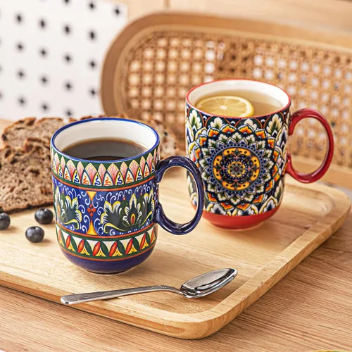 Miniatura 7 de Henten Home Juego de tazas de café de porcelana de 6 piezas, taza de café de 14 onzas colorida con mango, taza de cerámica boho para chocolate