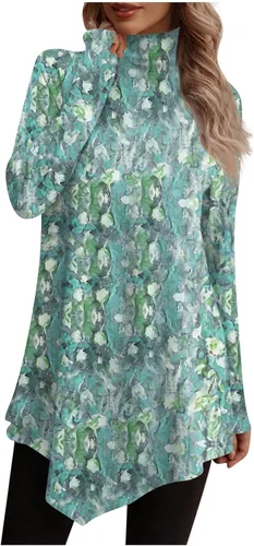 Miniatura 5 de Camisetas de manga larga para mujer, estilo casual, cuello alto, dobladillo irregular, holgadas, con estampado floral