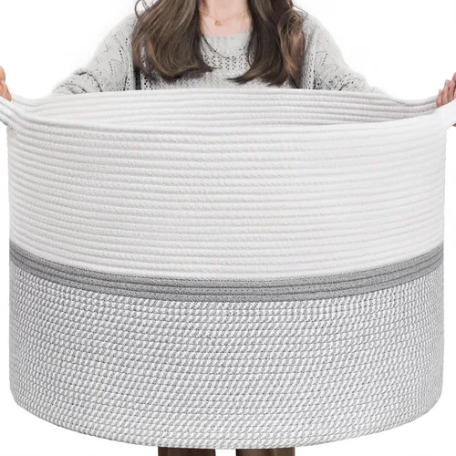 CHICVITA Cesta tejida de cuerda de algodón extra grande XXL, cesta de almacenamiento para manta con asas, cesta decorativa para ropa, 22 x 22 x 14