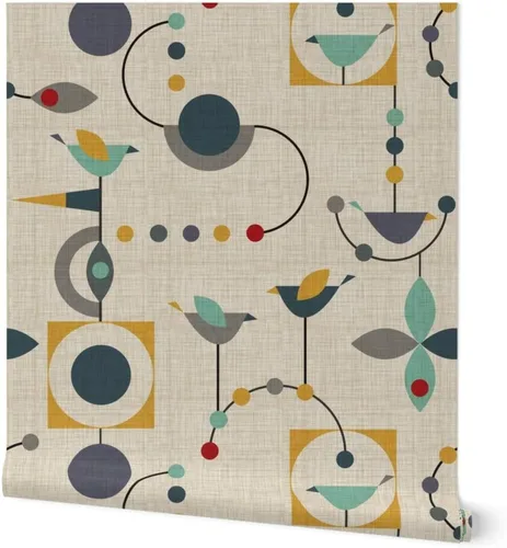 Muestras de papel tapiz para despegar y pegar, diseño de pájaros de mediados de siglo, círculos abstractos modernos de los años 50, papel tapiz