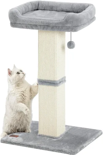 Karolpar Rascador de gato de 32 pulgadas para gatos de interior, rascador de sisal para gatos con percha de felpa, poste grande para rascar con Gris