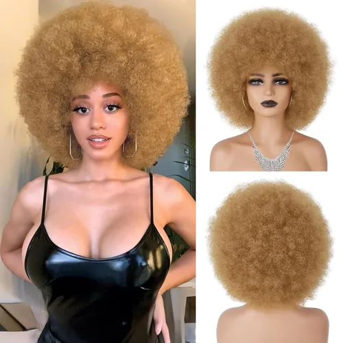 Miniatura 19 de Pelucas afro de los años 70 para mujeres negras, sin pegamento, peluca rizada afro soplada, resistente al calor, pelucas sintéticas para uso diario