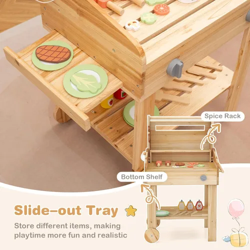 Miniatura 8 de Costzon Juego de parrilla para niños con ruedas, juego de parrilla de madera para niños con comida de juego, herramientas de parrilla y accesorios