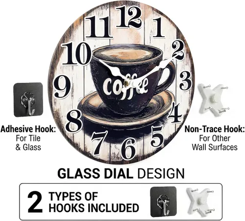 Miniatura 6 de Reloj de pared vintage con letrero de café para cocina, estilo rústico, funciona con pilas, para cocina/cafetería/comedor/hogar (12 pulgadas)