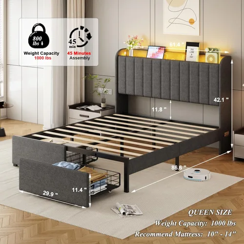 Miniatura 2 de Base de cama tamaño queen con cabecera de almacenamiento y 2 cajones, base de cama tapizada con luces LED y práctica estación de carga, no necesita