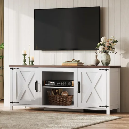 Miniatura 2 de WLIVE Moderno soporte de TV de granja para televisores de hasta 65 pulgadas, centro de entretenimiento con puertas de granero en forma de X, consola