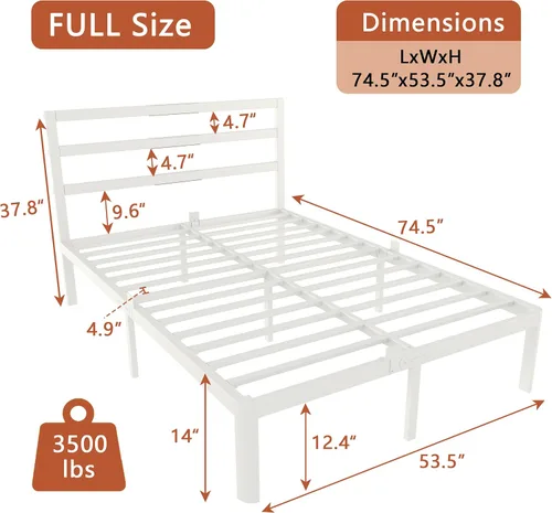 Miniatura 2 de Base de cama individual de 14 pulgadas con cabecero, marco de cama de metal blanco, sin necesidad de somier, juntas antideslizantes, sin ruido