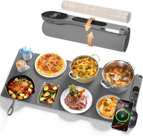 Miniatura 10 de Tapete de calentamiento de alimentos con cargador inalámbrico, calentador de alimentos extra grande de 34 x 15 pulgadas, tapete de calentamiento