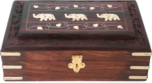 Miniatura 2 de Ajuny Joyero de madera de 8 x 5 Diseño de elefante hecho a mano con incrustaciones de latón, organizador de recuerdos y baratijas decorativo