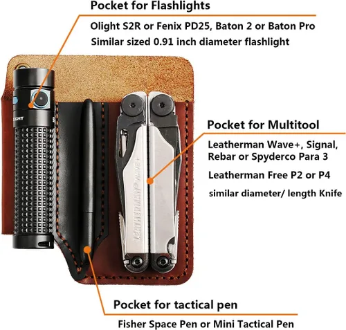 Miniatura 4 de Organizador de bolsillo de cuero para hombre, bolsa de herramientas EDC de cuero, funda hecha a mano, accesorios multiherramienta, marrón-plus