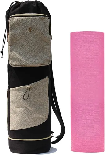 Miniatura 14 de ESVAN Bolsa para esterilla de yoga con múltiples bolsillos. Bolsa de transporte con cordón para esterilla de yoga, Pilates, ejercicio. Bolsa de Lino