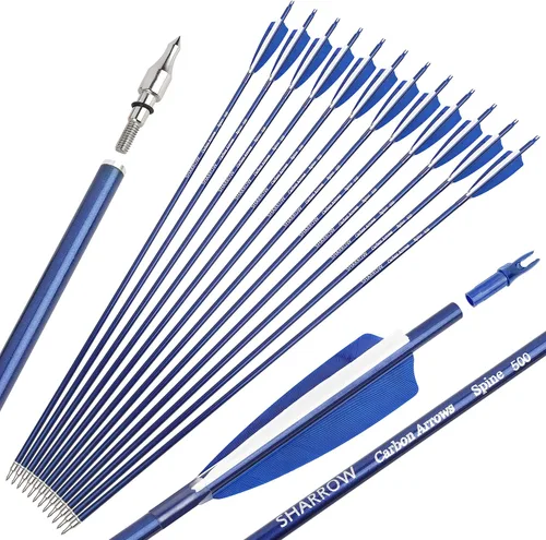 Miniatura 6 de Flechas de carbono de 31 pulgadas, flechas de caza de tiro con arco, 500 espina dorsal con plumas, flechas de práctica para tiro con arco compuesto