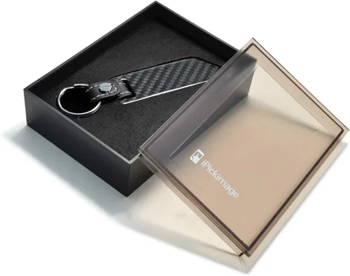 Miniatura 5 de iPick Image Para Chevrolet Corvette C7 Negro Real Fibra de Carbono Estilo Hoja con Correa de Cuero Negro Llavero Llavero, Licencia Oficial, Negro