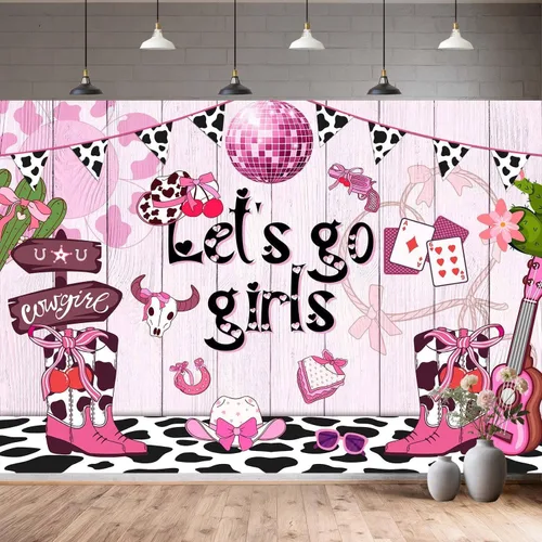 Miniatura 4 de Fondo de vaquera rosa de 5 x 3 pies con estampado de vaca disco occidental para niñas, cumpleaños, despedida de soltera, adolescente, decoración