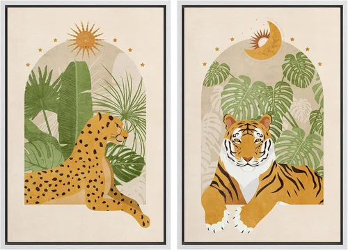 Miniatura 41 de IDEA4WALL - Set de lienzos enmarcados para pared, diseño tropical, selva, hoja de plátano, guepardo rosa, gato, naturaleza, desierto, arte digital
