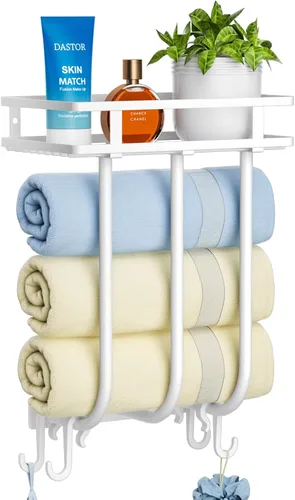 Miniatura 10 de Toalleros para baño, toallero montado en la pared con estante de metal y 4 ganchos para colgar, estante de toallas para baño pequeño, puede contener