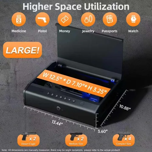 Miniatura 4 de PINEWORLD Caja fuerte biométrica para pistola, caja fuerte para pistola con huella dactilar/teclado retroiluminado/llaves, caja fuerte de acceso