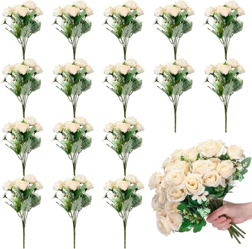 Miniatura 7 de Jexine Paquete de 16 ramos de rosas artificiales de seda falsas a granel para dama de honor, novia, boda, fiesta, jarrón floral (rojo)