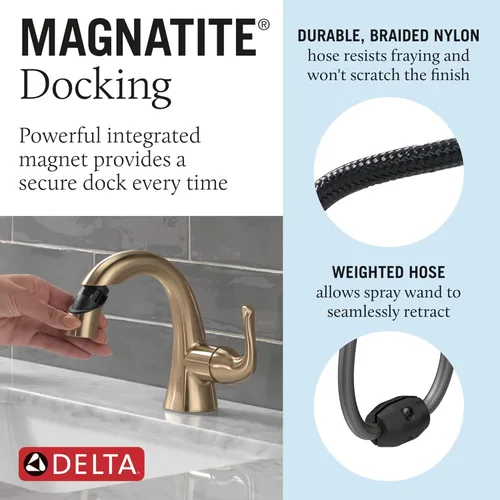 Miniatura 3 de Delta Arvo Grifo de Baño de Oro Cepillado de 1 Agujero con Rociador, Grifo de Lavabo de Baño de Un Solo Agujero con Rociador Extraíble para Tocador