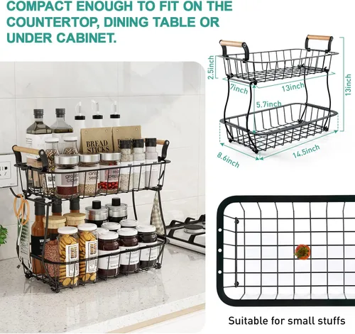 Miniatura 6 de ANTOPY Canasta de frutas de 2 niveles con 2 colgadores para plátanos, Cesta de frutas y verduras para encimera de cocina, Tazón de metal con alambre