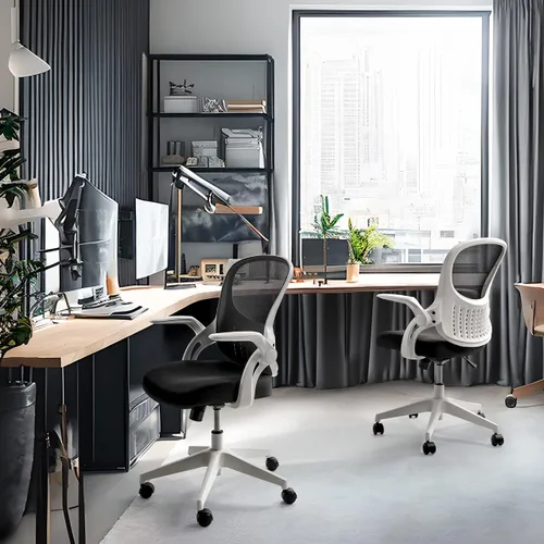 Miniatura 2 de CAPHAUS Silla de oficina ergonómica abatible, silla de escritorio acolchada de malla transpirable, soporte lumbar, silla giratoria con ruedas, Blanco