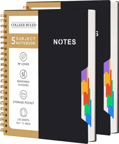 Miniatura 16 de CAGIE Cuadernos de espiral para trabajo escolar con pestañas divisorias extraíbles, cuaderno de 5 materias de 8.5 x 11 pulgadas, a rayas