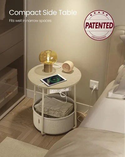 Miniatura 4 de VASAGLE Colección LILEA - Mesa auxiliar con estación de carga, mesa auxiliar redonda con cesta de tela, mesita de noche con puertos USB, para sala