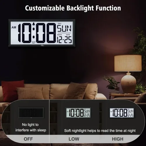 Miniatura 3 de WallarGe Reloj de Pared Digital con Retroiluminación Operado por Batería - con Temperatura y Fecha 14.5'' Reloj de Pared Digital Grande, Fácil