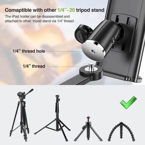 Miniatura 8 de elitehood Soporte de micrófono para iPad de brazo extra largo de 12 pulgadas, soporte de iPad ajustable de 360° para soporte de micrófono, soporte
