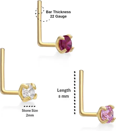 Miniatura 5 de Lavari - Juego de anillos para nariz de circonio cúbico de oro de 14 quilates, 0.079in, color blanco y rosa