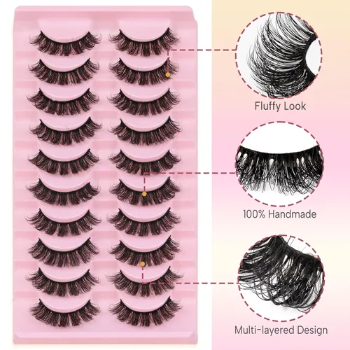 Miniatura 6 de Ahrikiss - Pestañas rusas postizas con banda, rizadas y esponjosas de visón sintético que parecen extensiones, 10 pares de pestañas postizas
