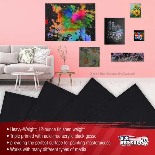 Miniatura 4 de U.S. Art Supply Mini lienzos negros de 12 x 12 pulgadas para pintar, paquete de 4 lienzos pequeños estirados a granel para artista, imprimado