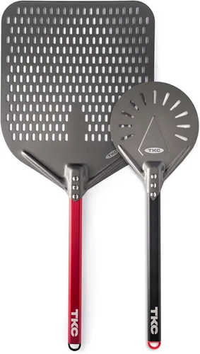 Miniatura 2 de TKC Paquete de cáscara de pizza perforada con cáscara XL de 14 pulgadas y cáscara giratoria de pizza de 8 pulgadas, espátula de pizza de grado