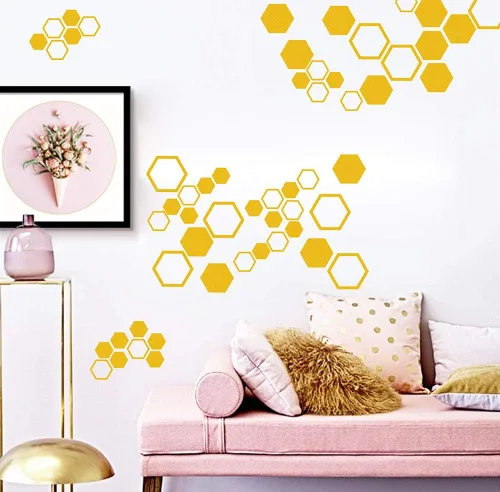 Miniatura 5 de Calcomanías de pared hexagonales de panal de abeja, vinilo geométrico, peine de miel, decoración de paredes doradas, despegar y pegar