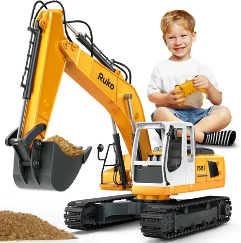 Ruko 1561 Excavadora RC 3 en 1, juguetes de construcción para niños, vehículos de control remoto de 17 canales con pala de aleación para agarrar y