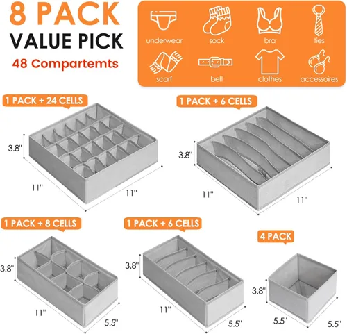 Miniatura 3 de Organizador de Cajones para Ropa, Juego de 8 Organizadores de Cajones para Ropa de Bebé, Ropa Interior, Calcetines, Organización y Almacenamiento
