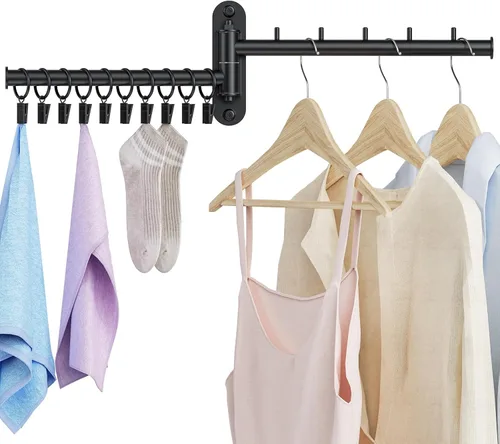 Estante de secado de pared, 2 niveles con brazo oscilante, colgador de ropa plegable que ahorra espacio con 10 clips para lavandería, organizador de